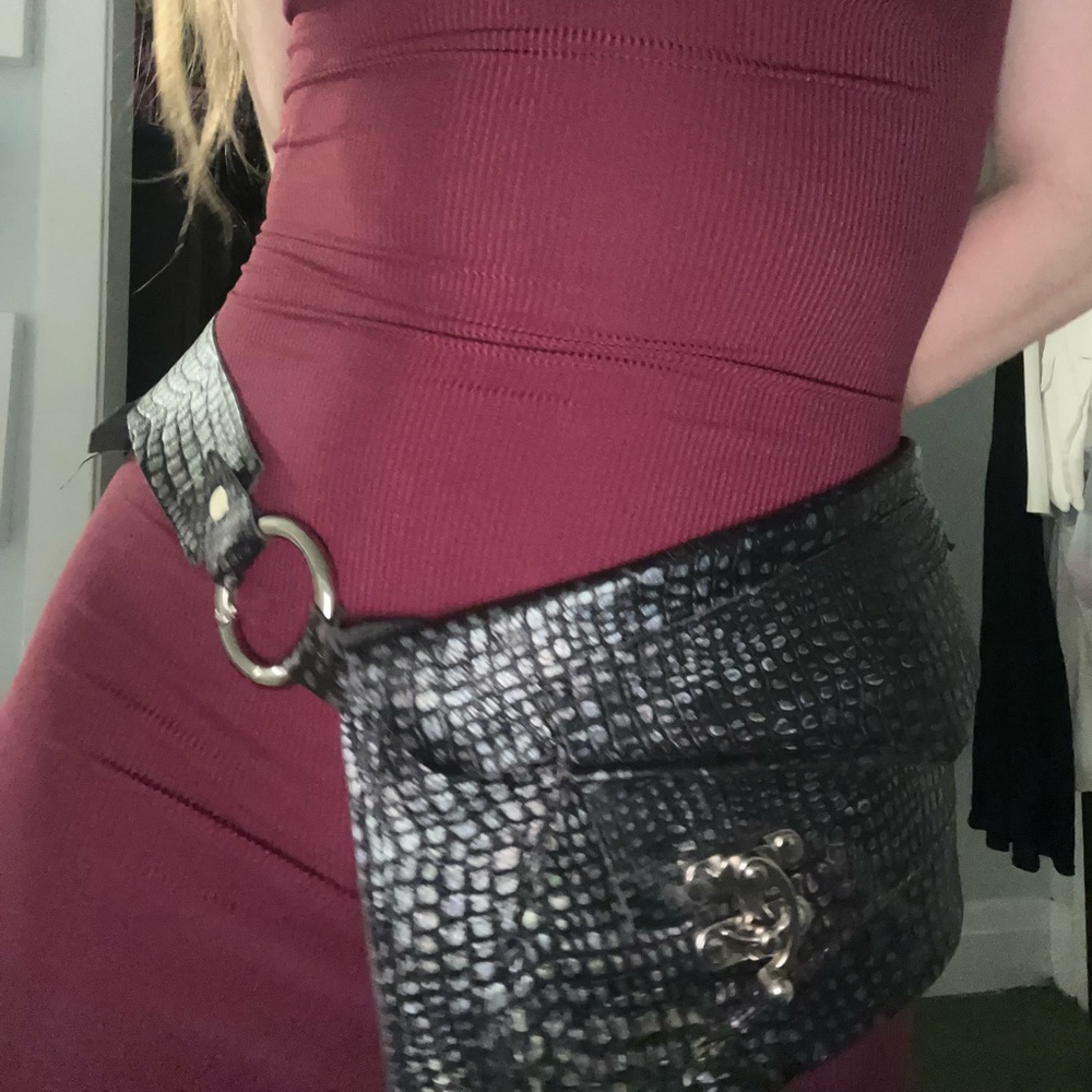 One of a kind, hand made black bag/belt bag/clutch.